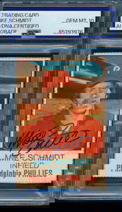 1975 Hostess Mike Schmidt Signed Card #133 PSA/DNA GEM MINT 10: 1975 Hostess Mike Schmidt Signed Card #133 PSA/DNA GEM MINT 10 This offering features a 1975 Hostess #133 card, autographed in bold blue sharpie by Hall of Famer Mike Schmidt of the Philadelphia Phill