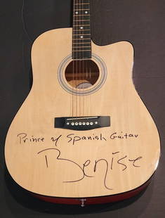 Benise Signed Acoustic Guitar Prince of Spanish Guitar Beckett Authenticated: Benise Signed Acoustic Guitar Prince of Spanish Guitar Beckett Authenticated This is an original acoustic guitar signed by Benise, recognized as the 'Prince of Spanish Guitar.' The guitar comes with B