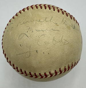 Ty Cobb Signed 1940s Baseball with PSA DNA COA: Ty Cobb Signed 1940s Baseball with PSA DNA COA This is a remarkable single signed baseball featuring the autograph of legendary MLB player Ty Cobb. Inscribed on a side panel of a 1940s-era Draper & Ma
