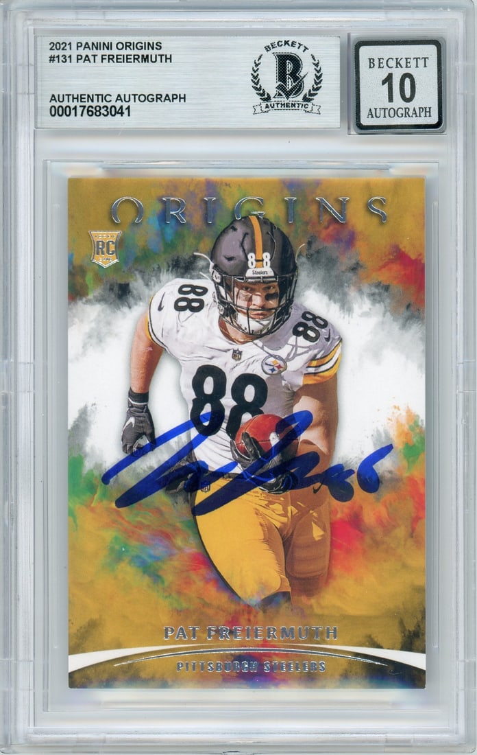 2021 Panini Origins Pat Freiermuth RC Autographed Card BGS 10: 2021 Panini Origins Pat Freiermuth RC Autographed Card BGS 10 This 2021 Panini Origins #131 sports trading card features a hand-signed autograph from rookie Pat Freiermuth, showcasing his association 
