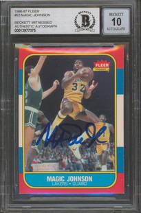 Magic Johnson Signed 1986 Fleer #53 Card Gem Mint 10 Beckett Authenticated: Magic Johnson Signed 1986 Fleer #53 Card Gem Mint 10 Beckett Authenticated This 1986 Fleer #53 card, featuring Magic Johnson of the Los Angeles Lakers, is a remarkable collectible for any basketball e