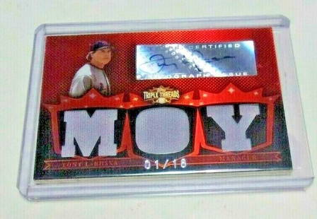 Tony La Russa 2007 Topps Triple Threads 1/18 Signed Game Used Jersey Card: Tony La Russa 2007 Topps Triple Threads 1/18 Signed Game Used Jersey Card This collectible features a limited edition Tony La Russa signed card from the 2007 Topps Triple Threads series. It showcases