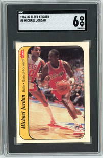 1986 Fleer Sticker Michael Jordan Rookie Card SGC 6 NBA: 1986 Fleer Sticker Michael Jordan Rookie Card SGC 6 NBA This graded 1986 Fleer Sticker Michael Jordan #8 Rookie card is a must-have for any basketball card collector. Authenticated by Sportscard Guara