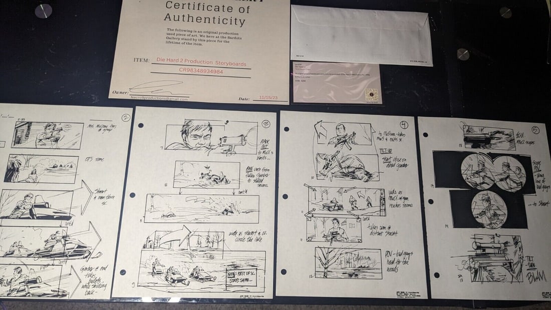 Die Hard 2 Original Production Storyboards with COA Lot: Die Hard 2 Original Production Storyboards with COA Lot This lot features original production storyboards from the iconic film "Die Hard 2." These authentic storyboards were used during the film's pro