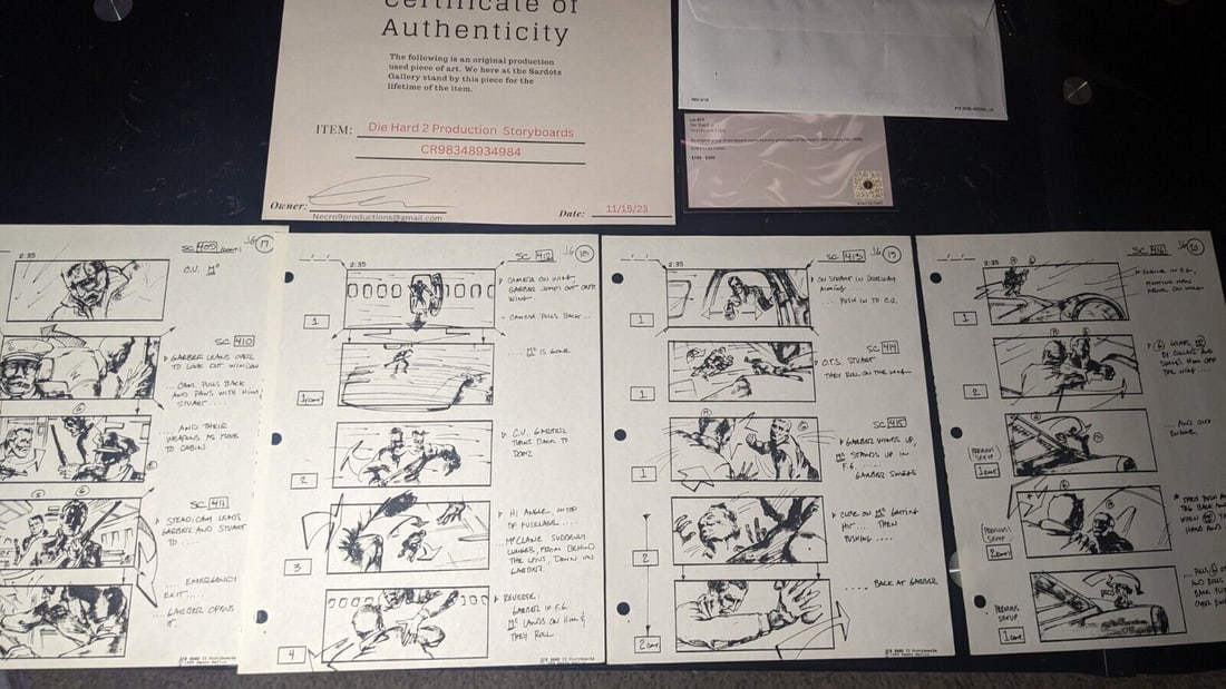 Die Hard 2 Original Production Storyboards Lot with COA: Die Hard 2 Original Production Storyboards Lot with COA This lot features a collection of original production storyboards from the iconic film Die Hard 2. These storyboards are genuine artifacts used 