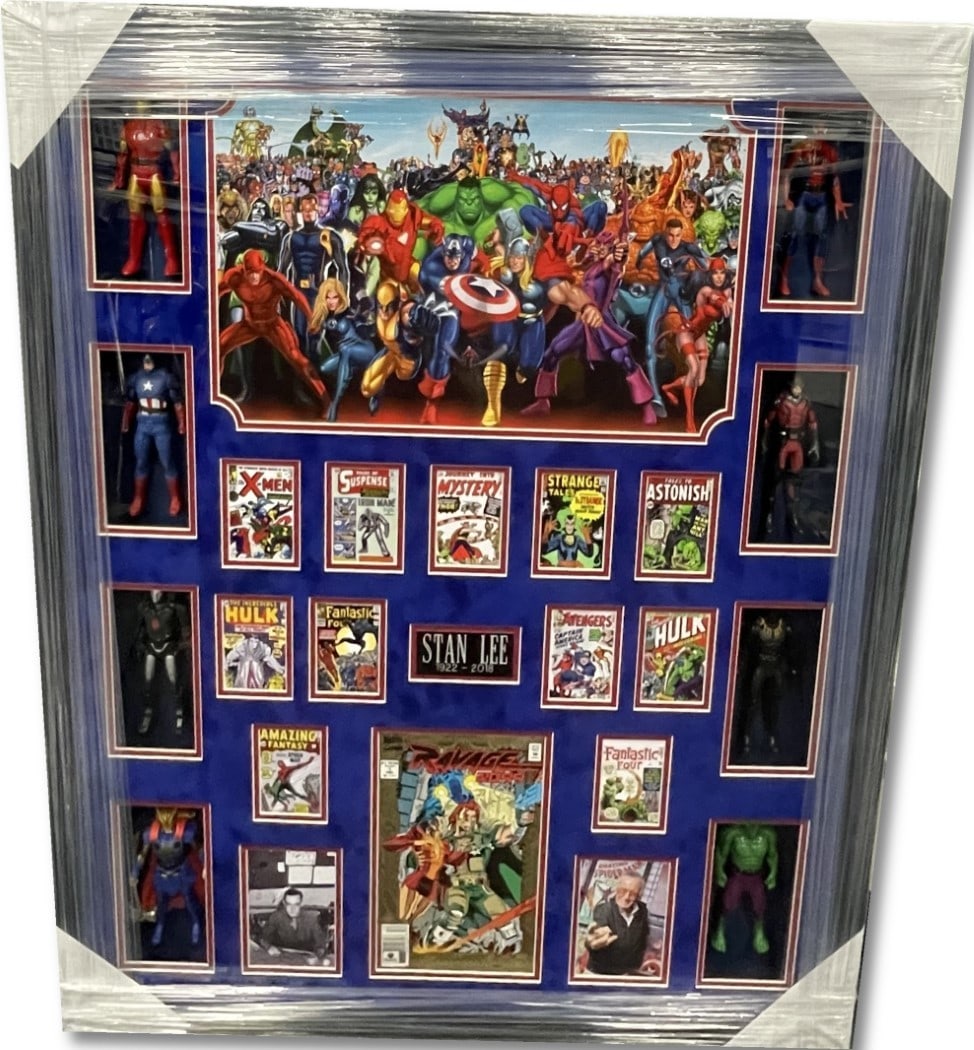 Stan Lee Signed Custom Framed 8x10 Ravage 2099 Comic with Marvel Figurines JSA: Stan Lee Signed Custom Framed 8x10 Ravage 2099 Comic with Marvel Figurines JSA A stunning piece for collectors, this custom framed 8x10 Ravage 2099 comic is autographed by the legendary Stan Lee. It f