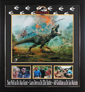 Jurassic Park Signed 16x20 Framed Photo Neill Dern Goldblum BAS COA: Jurassic Park Signed 16x20 Framed Photo Neill Dern Goldblum BAS COA This stunning 16x20 framed photograph features the iconic signatures of Sam Neill, Laura Dern, and Jeff Goldblum from the beloved fi