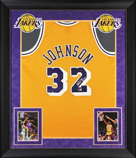 Magic Johnson Autographed Lakers Jersey #32 Framed BAS Authenticated: Magic Johnson Autographed Lakers Jersey #32 Framed BAS Authenticated Celebrate the legacy of Magic Johnson with this autographed 1984-85 Mitchell & Ness Hardwood Classics Swingman Yellow Framed Jersey