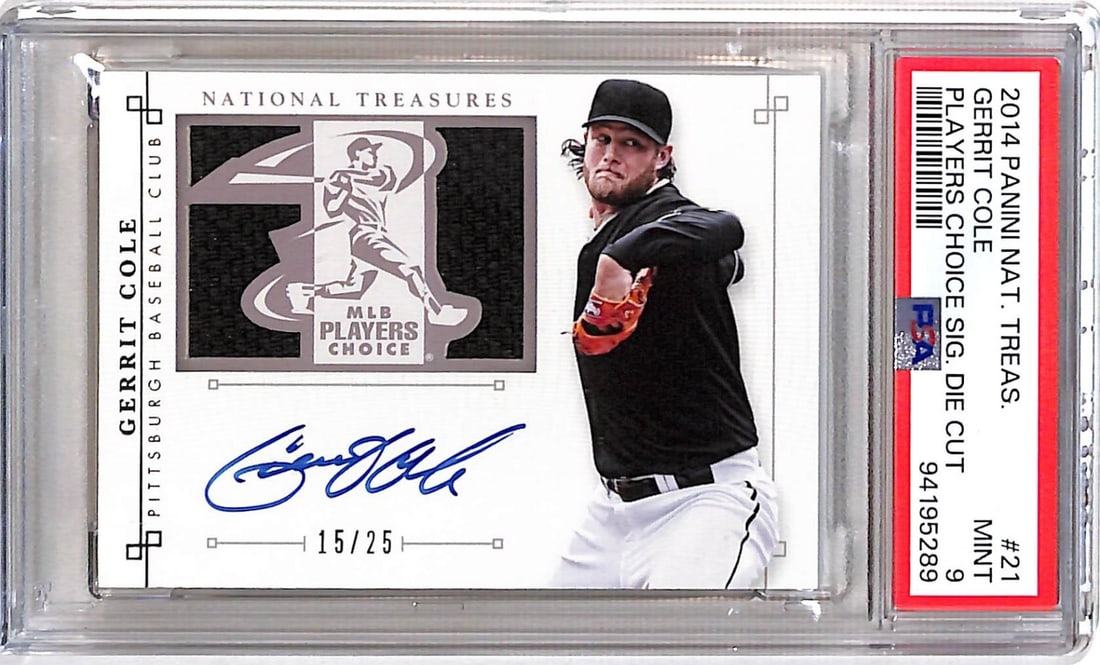 Gerrit Cole 2014 National Treasure Die-Cut Autographed Card /25 PSA 9: Gerrit Cole 2014 National Treasure Die-Cut Autographed Card /25 PSA 9 This is a Gerrit Cole 2014 National Treasure Players Choice Sig Die Cut Card, featuring an autograph of the Pittsburgh Pirates pit