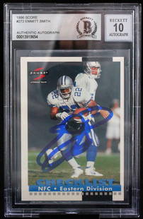 1996 Score Emmitt Smith Autographed Card #272 BAS 10 Dallas Cowboys: 1996 Score Emmitt Smith Autographed Card #272 BAS 10 Dallas Cowboys This is a 1996 Score #272 sports trading card featuring Emmitt Smith, a legendary player from the Dallas Cowboys. The card is hand-s