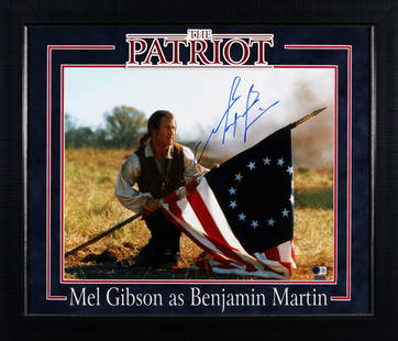 Mel Gibson Signed The Patriot 16x20 Framed Flag Photo Beckett COA: Mel Gibson Signed The Patriot 16x20 Framed Flag Photo Beckett COA This captivating 16x20 framed photograph features a stunning horizontal view of the flag from the film "The Patriot," personally signe
