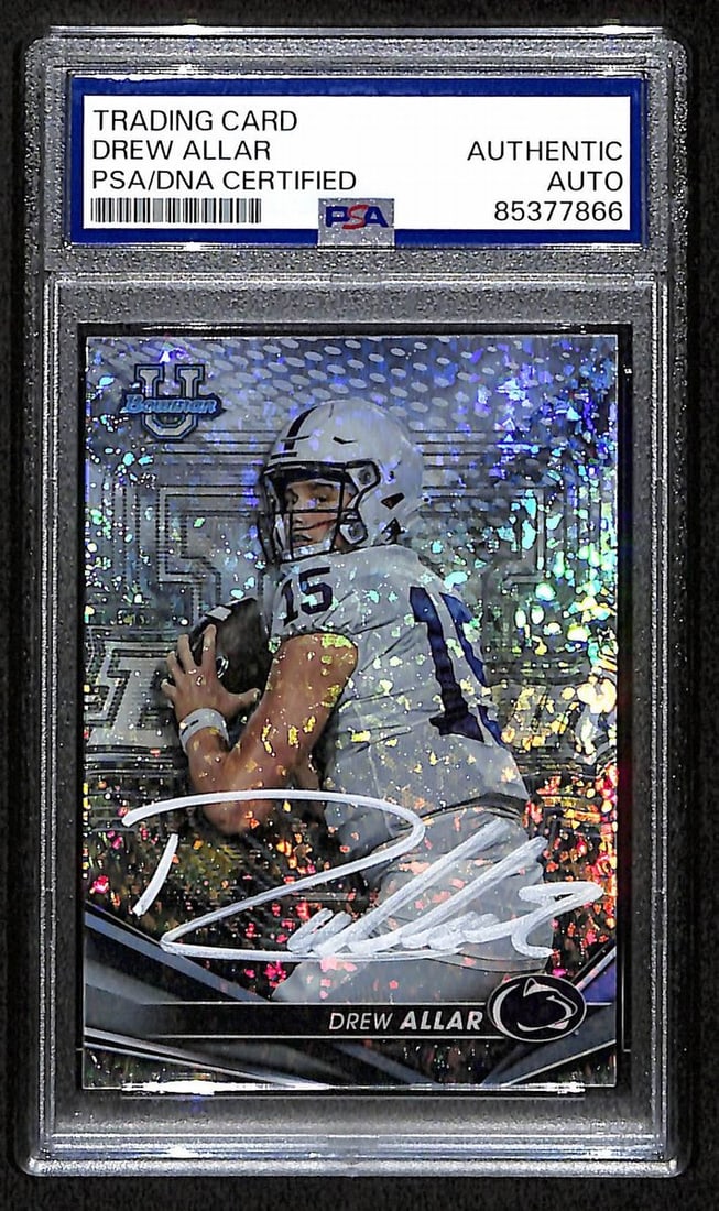 Drew Allar Signed 2022 Bowman U Best Rookie Card #80 PSA/DNA: Drew Allar Signed 2022 Bowman U Best Rookie Card #80 PSA/DNA This is a signed/autographed Drew Allar Penn State 2022 Bowman U Best Game Refractor Rookie Card #80. The card is authenticated by PSA/DNA 
