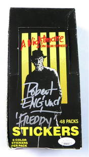 Robert Englund Autographed Empty Sticker Box Nightmare on Elm Street JSA Certified: Robert Englund Autographed Empty Sticker Box Nightmare on Elm Street JSA Certified This is a Robert Englund autographed sticker box from the iconic movie series Nightmare on Elm Street. The box is emp