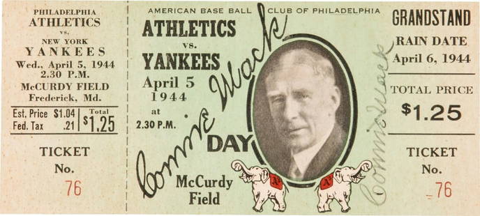 Rare Connie Mack Signed 1944 Day Ticket with JSA COA: Rare Connie Mack Signed 1944 Day Ticket with JSA COA This is a rare signed ticket from Connie Mack Day on April 5, 1944, featuring the autograph of the legendary baseball manager Connie Mack. Known as
