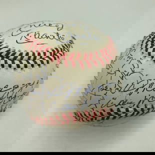 Mickey Mantle Joe DiMaggio Multi-Signed Baseball 29 Autographs JSA COA: Mickey Mantle Joe DiMaggio Multi-Signed Baseball 29 Autographs JSA COA This remarkable baseball showcases a collection of 29 autographs from legendary players who have achieved significant milestones