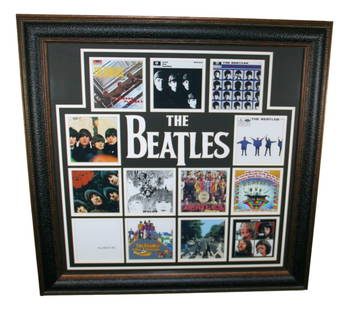 The Beatles 28 x 28 Framed 13 Photo Album Cover Collage: The Beatles 28 x 28 Framed 13 Photo Album Cover Collage Celebrate the legacy of The Beatles with this striking framed collage featuring 13 iconic album covers. Measuring 28" x 28", this vibrant photog