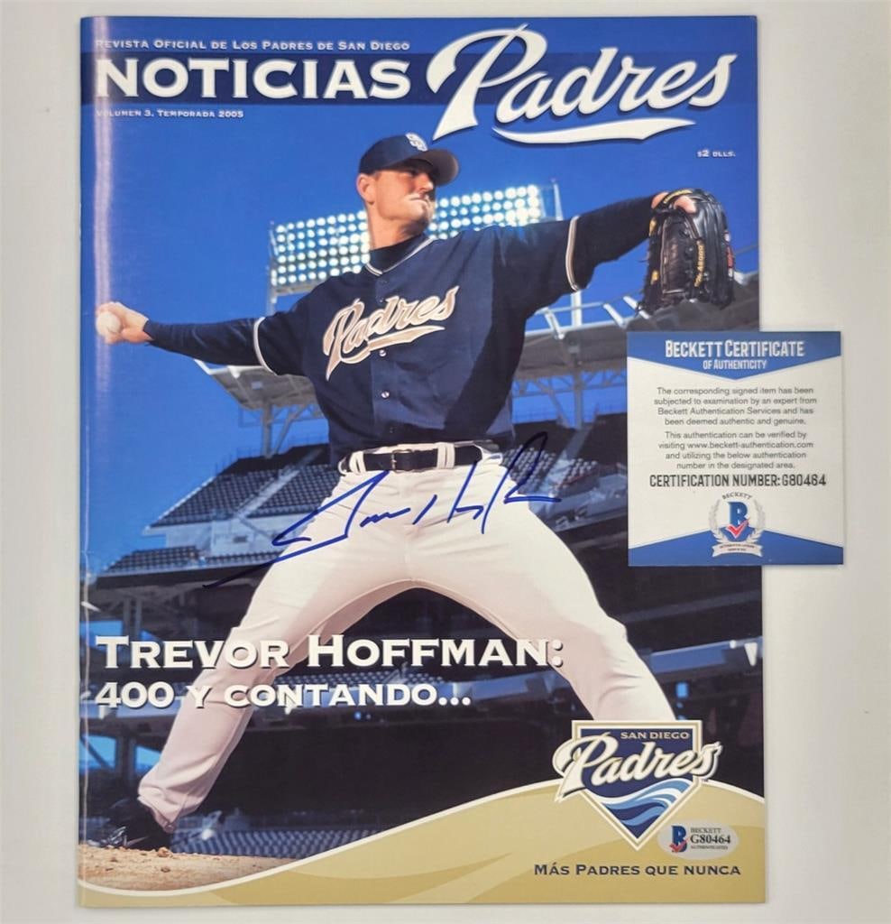Trevor Hoffman Autographed Padres Magazine with Beckett BAS Authentication: Trevor Hoffman Autographed Padres Magazine with Beckett BAS Authentication This is an original magazine featuring a signed autograph from baseball legend Trevor Hoffman, renowned for his time with the