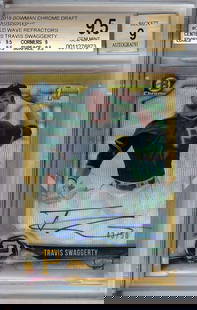 Travis Swaggerty 2018 Bowman Chrome Draft Gold Wave RC BGS 9.5 #TS 43/50: Travis Swaggerty 2018 Bowman Chrome Draft Gold Wave RC BGS 9.5 #TS 43/50 This is a 2018 Bowman Chrome Draft Gold Wave Refractor Baseball Card featuring Travis Swaggerty, a notable player for the Pitts