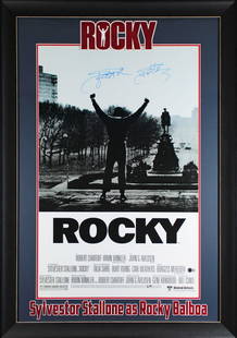 Sylvester Stallone Signed Rocky 24x36 Poster Framed with Beckett COA: Sylvester Stallone Signed Rocky 24x36 Poster Framed with Beckett COA This authentic signed and framed poster features Sylvester Stallone's signature from the iconic film Rocky. Measuring 24x36 inches,