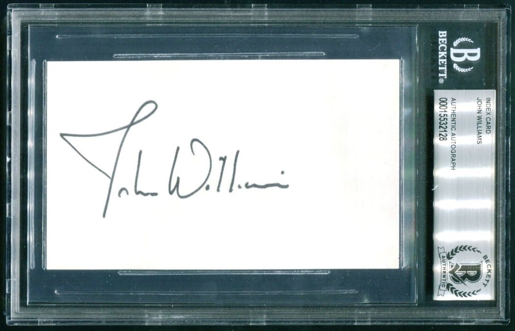 John Williams Autographed 3x5 Index Card Beckett Authenticated: John Williams Autographed 3x5 Index Card Beckett Authenticated This is an original 3x5 index card autographed by John Williams, the legendary composer known for his iconic scores in films such as Star