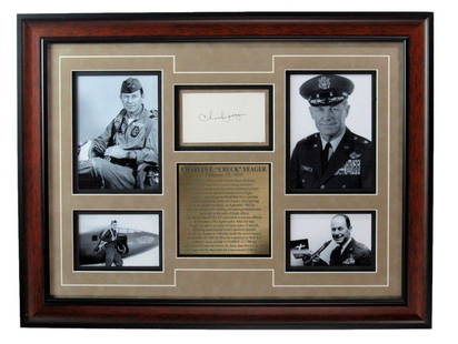 Framed Chuck Yeager Signed 3x5 Index Card with Photo Collage 24x20: Framed Chuck Yeager Signed 3x5 Index Card with Photo Collage 24x20 This is a framed display featuring an original 3x5 index card signed by aviation legend Chuck Yeager, renowned for being the first pe