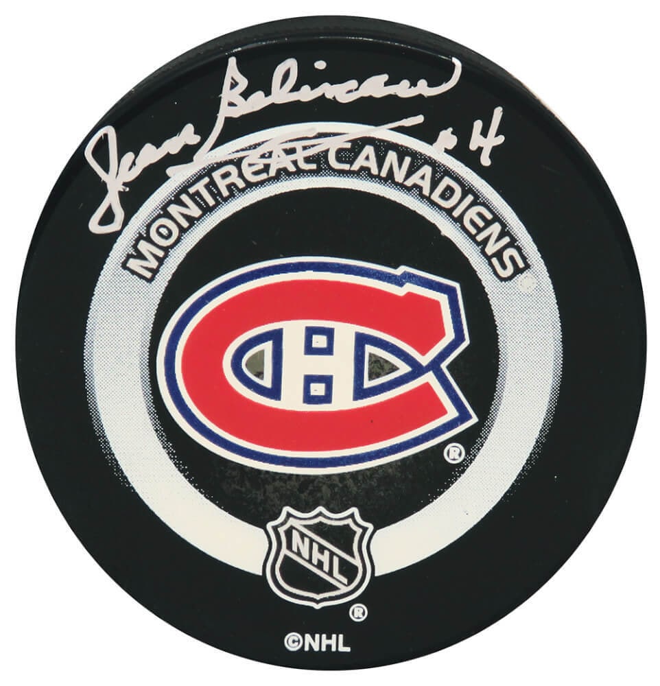 Jean Beliveau Signed Montreal Canadiens Hockey Puck with Beckett COA: Jean Beliveau Signed Montreal Canadiens Hockey Puck with Beckett COA This Montreal Canadiens team logo hockey puck is signed by the legendary player Jean Beliveau. It is an original piece, authenticat