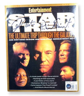 William Shatner Patrick Stewart Dual Signed Star Trek Magazine Beckett Authenticated: William Shatner Patrick Stewart Dual Signed Star Trek Magazine Beckett Authenticated This collectible magazine features dual autographs from iconic Star Trek actors William Shatner and Patrick Stewart