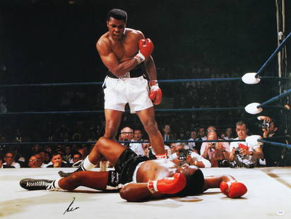 Muhammad Ali Signed 30x40 Photo vs Sonny Liston PSA/DNA Gem Mint 10: Muhammad Ali Signed 30x40 Photo vs Sonny Liston PSA/DNA Gem Mint 10 This stunning 30x40 photo captures the iconic match between Muhammad Ali and Sonny Liston, personally signed by the legendary boxer