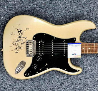Vintage Fender Guitar Signed by Slash with Rare Sketch PSA/DNA COA: Vintage Fender Guitar Signed by Slash with Rare Sketch PSA/DNA COA This vintage Fender guitar features a full autograph from Slash, renowned guitarist of Guns N' Roses. The guitar is an original piece