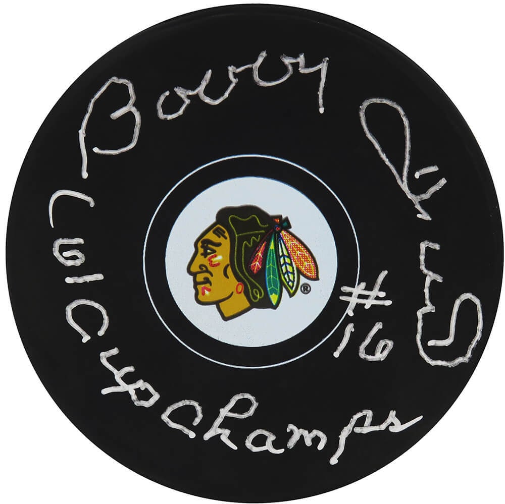 Bobby Hull Signed Blackhawks Puck with 61 Cup Champs Inscription: Bobby Hull Signed Blackhawks Puck with 61 Cup Champs Inscription This original Chicago Blackhawks team logo hockey puck is signed by legendary player Bobby Hull, featuring the inscription '61 Cup Cham