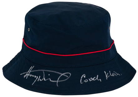 Henry Winkler Signed Waterboy Navy Coaching Hat with Coach Klein Inscription: Henry Winkler Signed Waterboy Navy Coaching Hat with Coach Klein Inscription This is an original, pre-owned navy bucket coaching hat signed by Henry Winkler, featuring the inscription 'Coach Klein.' I