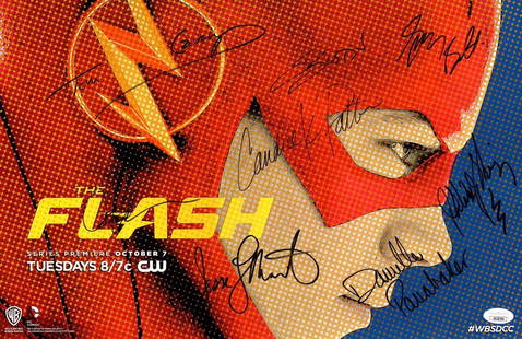 Flash Cast 11x17 Autographed Poster 8 Signatures JSA Certified: Flash Cast 11x17 Autographed Poster 8 Signatures JSA Certified This 11X17 poster features autographs from the acclaimed cast of the television series Flash. It is signed by Grant Gustin, John Wesley S