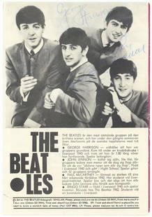 The Beatles Signed 1963 Sweden Tour Photo with Beckett COA: The Beatles Signed 1963 Sweden Tour Photo with Beckett COA This original vintage program photo features all four members of The Beatles, signed by John Lennon, Paul McCartney, George Harrison, and Rin