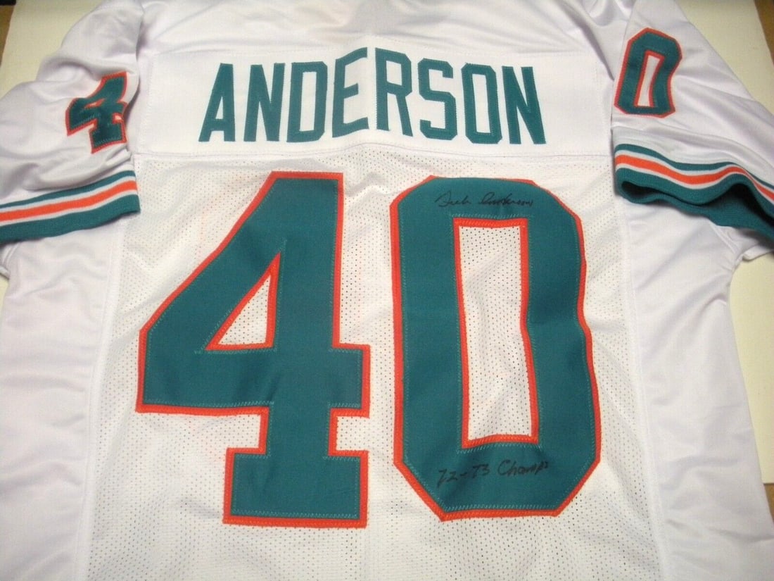 Dick Anderson Signed Miami Dolphins 1972 Jersey with COA 17-0 Record: Dick Anderson Signed Miami Dolphins 1972 Jersey with COA 17-0 Record Celebrate the historic 1972 Miami Dolphins season with this authentic jersey signed by Dick Anderson. This original piece showcases