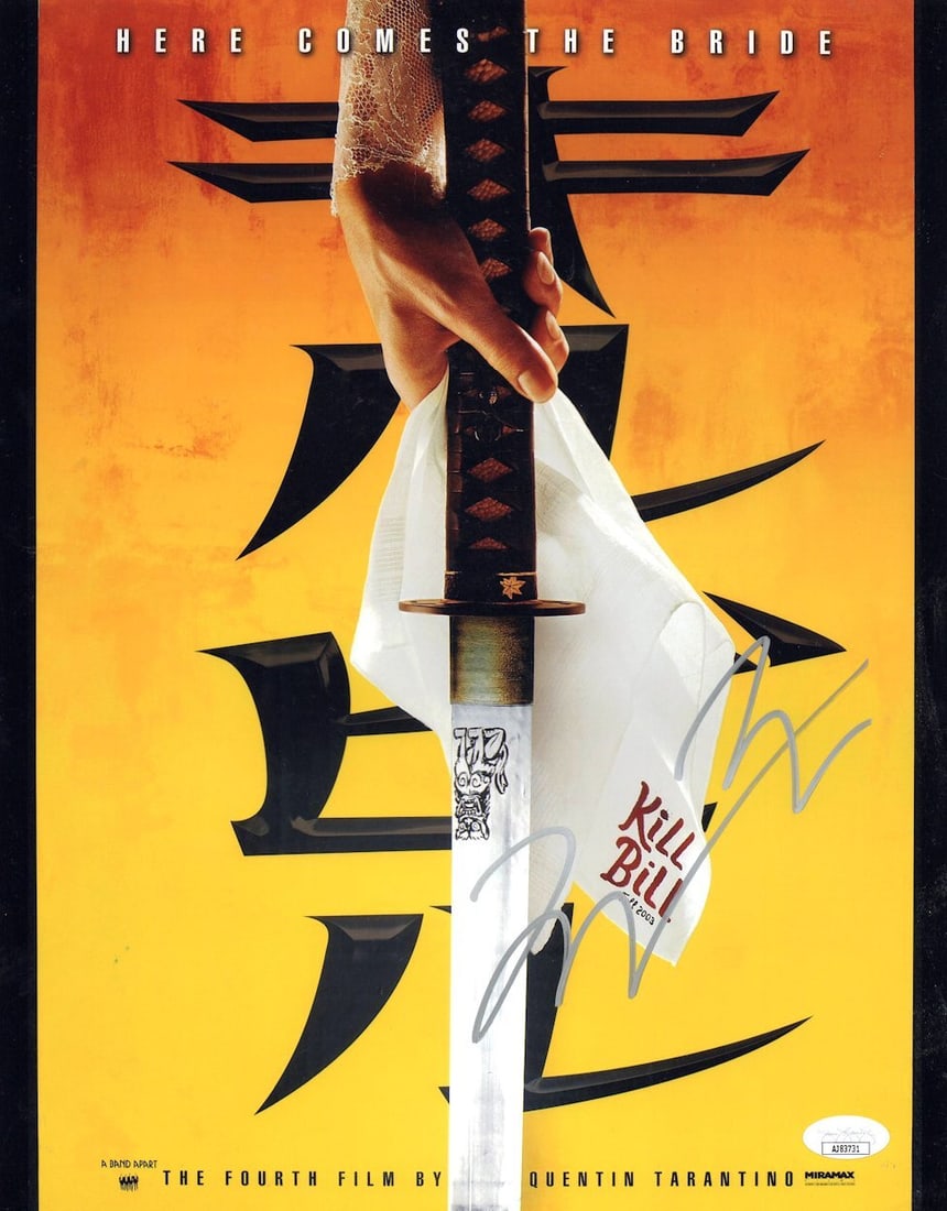 Quentin Tarantino Signed 11x14 Kill Bill Photo JSA Authenticated: Quentin Tarantino Signed 11x14 Kill Bill Photo JSA Authenticated This is an original 11" x 14" photograph signed by acclaimed filmmaker Quentin Tarantino, featuring promotional artwork from 'Kill Bill