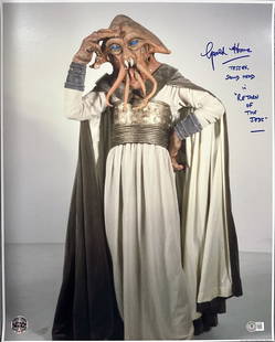 Gerald Home Tessek Signed 16x20 Photo Star Wars Inscribed Beckett Authenticated: Gerald Home Tessek Signed 16x20 Photo Star Wars Inscribed Beckett Authenticated This is an autographed 16x20 color photograph featuring Gerald Home as Tessek from Star Wars: Return of the Jedi. The ph