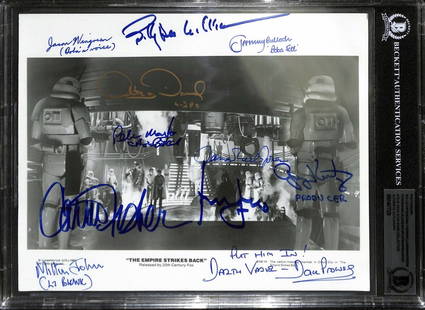 Star Wars Empire Strikes Back Multi Signed 8x10 Photo Beckett Authenticated: Star Wars Empire Strikes Back Multi Signed 8x10 Photo Beckett Authenticated This remarkable 8x10 black and white photograph captures the iconic scene from Star Wars: The Empire Strikes Back where Han