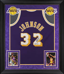 Magic Johnson Signed Lakers HOF 02 Framed Jersey BAS Authenticated: Magic Johnson Signed Lakers HOF 02 Framed Jersey BAS Authenticated Celebrate your love for the Los Angeles Lakers with this exceptional autographed Magic Johnson jersey, featuring the inscription "HOF
