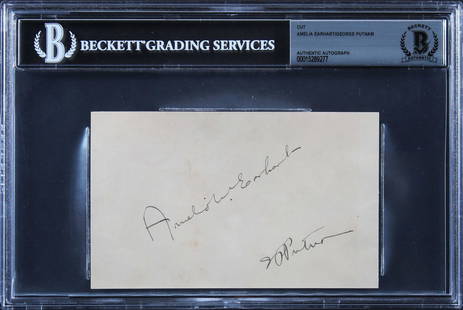 Amelia Earhart George Putnam Signed Cut Signature 3.5x5.75 BAS Slabbed: Amelia Earhart George Putnam Signed Cut Signature 3.5x5.75 BAS Slabbed This is a 3.5 x 5.75 cut signature personally signed by aviation pioneer Amelia Earhart and her husband, George Putnam. The item