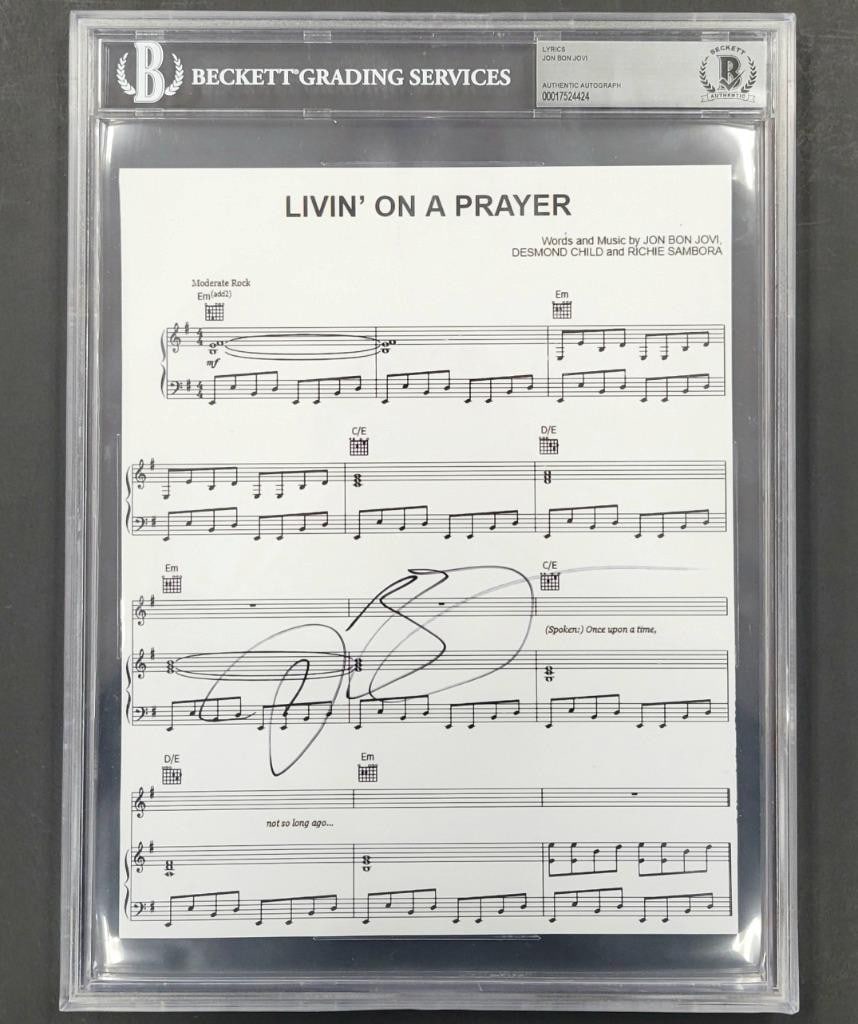 Jon Bon Jovi Signed Livin on a Prayer Music Sheet Beckett Authenticated: Jon Bon Jovi Signed Livin on a Prayer Music Sheet Beckett Authenticated This is an authentic 8.5x11 music sheet of the iconic song 'Livin on a Prayer' signed by Jon Bon Jovi. The autograph has been au