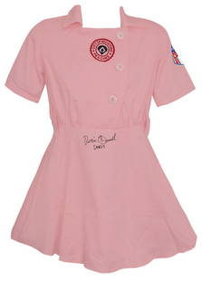 Rosie O'Donnell Signed Rockford Peaches Jersey with Doris Inscription: Rosie O'Donnell Signed Rockford Peaches Jersey with Doris Inscription This is an original, pre-owned women's pink baseball jersey from the Rockford Peaches, famously featured in the movie 'A League of