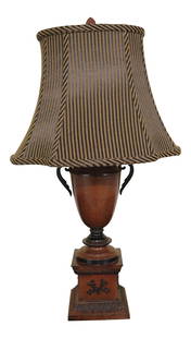 Decorative Toleware Urn Table Lamp with Shade: Decorative Toleware Urn Table Lamp with Shade Illuminate your space with this elegant Decorative Toleware Urn Table Lamp featuring a striking brown finish and ornate details. The lamp stands at a