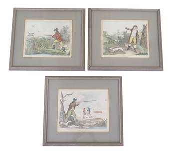 Antique Set of 3 Framed Hand-Colored Hunting Prints 21 x 18.5: Antique Set of 3 Framed Hand-Colored Hunting Prints 21 x 18.5 This is a set of 3 framed antique hand-colored hunting prints. The pieces are from the early 20th century. Prints In Great Shape In Nicely