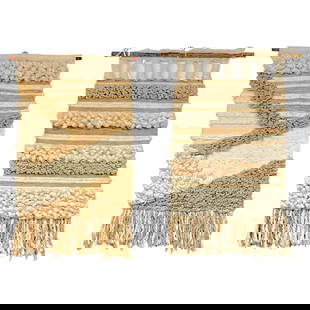 Set of 2 70s Mid-Century Woven Oaxaca Fiber Art Tapestries: Set of 2 70s Mid-Century Woven Oaxaca Fiber Art Tapestries This exquisite pair of mid-century modern woven Oaxaca School abstract fiber art tapestries offers a striking addition to any decor. Crafted