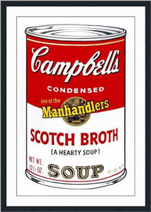 Andy Warhol Scotch Broth Campbell's Soup Limited Edition Print Framed 41 x 29 COA: Andy Warhol Scotch Broth Campbell's Soup Limited Edition Print Framed 41 x 29 COA This striking print titled "Scotch Broth Campbell's Soup" is a classic example of Andy Warhol's iconic Pop Art, produc
