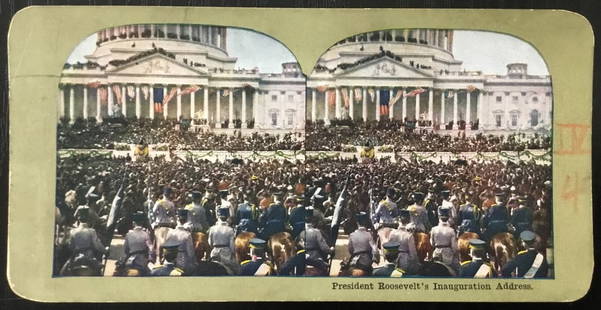 Theodore Roosevelt 1905 Inauguration Original Stereoview Card 3 x 7: Theodore Roosevelt 1905 Inauguration Original Stereoview Card 3 x 7 Presenting a vintage original stereoview card featuring President Theodore Roosevelt's Inauguration Address. This intriguing piece o