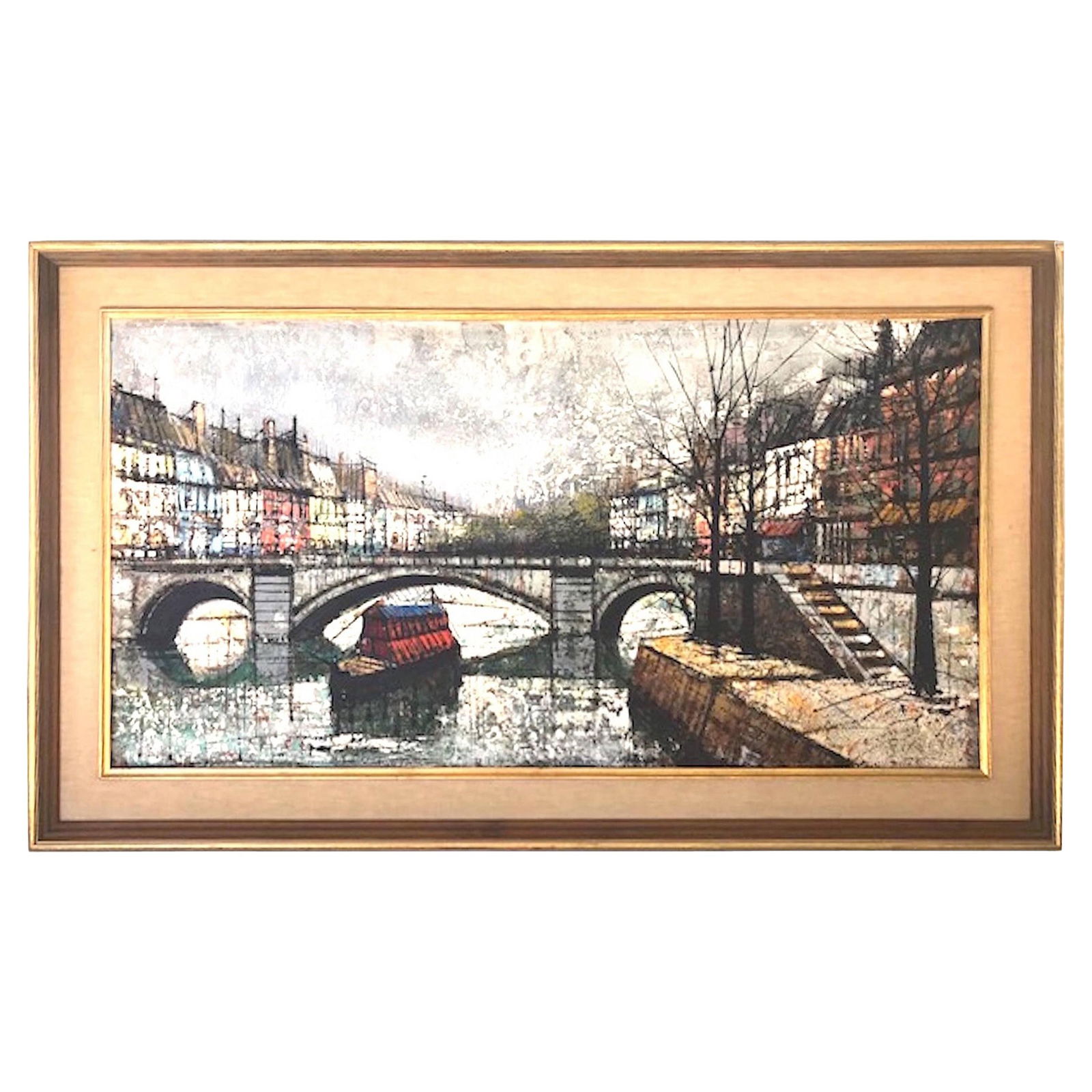 Mid-Century Modern Painting View Canal St. Martin Style Bernard Buffet: Mid-Century Modern Painting View Canal St. Martin Style Bernard Buffet This stunning mid-century painting titled "View Canal St. Martin" is crafted in the style of renowned artist Bernard Buffet. The
