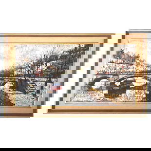 Mid-Century Modern Painting View Canal St. Martin Style Bernard Buffet: Mid-Century Modern Painting View Canal St. Martin Style Bernard Buffet This stunning mid-century painting titled "View Canal St. Martin" is crafted in the style of renowned artist Bernard Buffet. The
