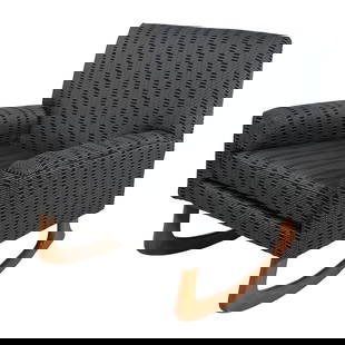 Vintage Mid Century Modern Black Upholstered Rocking Chair 30w x 33d x 34.5h: Vintage Mid Century Modern Black Upholstered Rocking Chair 30w x 33d x 34.5h This Mid Century Modern Upholstered Rocking Chair, approximately 50 years old, features a stunning modern design with perio