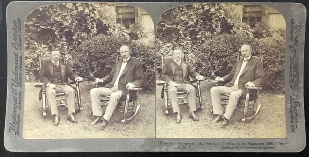 1905 Original Stereoview of Theodore Roosevelt and Charles Fairbanks: 1905 Original Stereoview of Theodore Roosevelt and Charles Fairbanks This original 1905 stereoview features Theodore Roosevelt and Charles Fairbanks at Sagamore Hill, capturing a moment in history. Pr